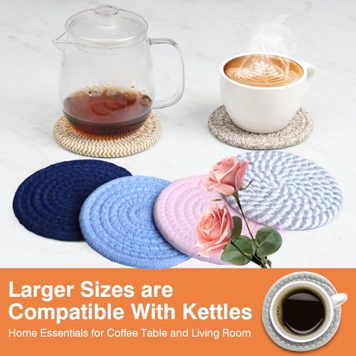 4.8" Drink Cotton Coasters Set of 2 - Large Absorbent Fabric Drink Pads for Coffee Mugs, Stylish Boho Cup Mats for Desk, Bedside Table, Plant Pots – Durable Minimalist Home Decor (Rich Blue, 2pack) - color: Rich Blue