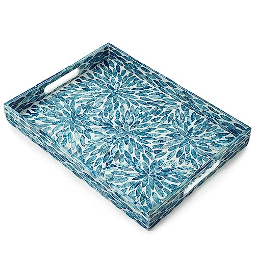 Serving Tray 15.7" X11.8", Lacquer Mother of Pearl Inlay Mosaic Tray, Rectangle Wooden Marble Tray with Handles Trays for Tea, Breakfast in Bed, Table (Flower Style) - color: Flower Style