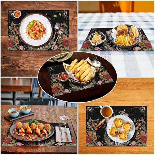 Boho Moth Placemats Set of 4, 12x18 Inch Witchy Moon Phase Tarot Gothic Wild Flower Watercolor Seasonal Bohemia Mystical Holiday Farmhouse Coffee Table Mats for Party Kitchen Dining Decoration - color: Pm-floral Moon06, size: 4pcs