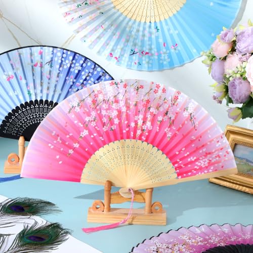 Zonon 4 Pack Handheld Folding Fans Silk Bamboo with Tassel Hollowed,Chic - style: Chic