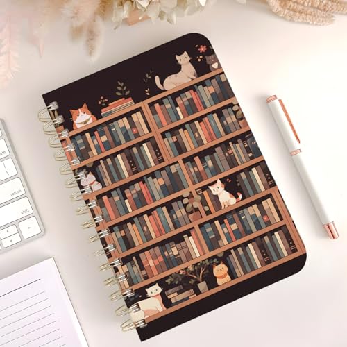 Cute Spiral Notebook Journal A5 6x9 Note Book with Pocket, Cat - color: Cat Bookshelf