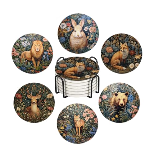 Drink Coasters for Drinks Set of 6, Vintage Botanical Floral Wild Animals Absorbent Round Ceramic Stone Mat Coaster, with Cork Base and Metal Holder, Home Bar Decor House Warming Gift - color: Wild Animals