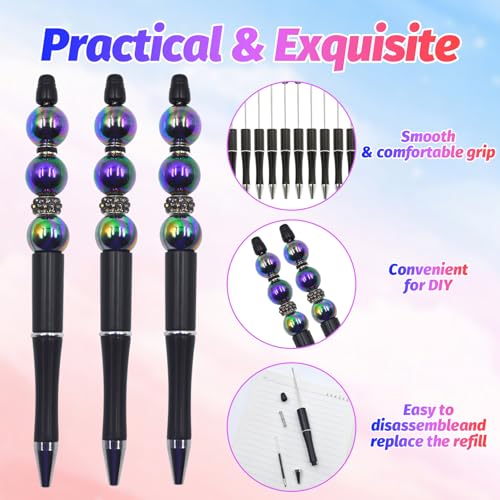 150 Pieces DIY Beadable Pen Kit – 50 Plastic Ballpoint Pens with Refills & Bags – School Supplies, Office Accessories & Decorative Items for Students & Teachers （Black） - color: Black color, size: 50
