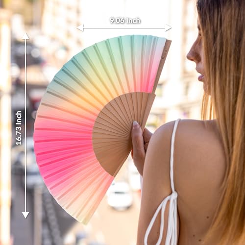 Fisura - Original Folding Fan with Gradient Colors. Wooden Handheld Fan for Women. Pink and Green Design for Raves, Festivals, weedings. Hanger Included. Size: 16.7 x 9 inches - color: Pink and Green
