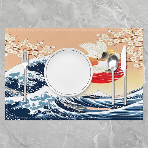 Feelyou Japanese Wave Placemats Set of 4 Cherry Blossoms Placemat for Kitchen Dining Table 18"x12" Red Sun Hokusai Pattern Home Decor Table Place Mats Japanese Style Indoor Outdoor Decor Table Mats - color: Blue Yellow