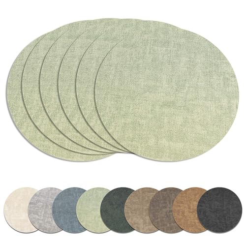 13" Round Placemats Set of 6, Reversible Faux Leather Wipeable Table Mats - color: Light Green