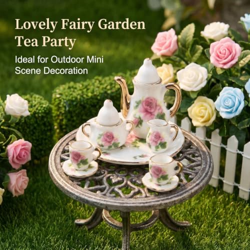 Miniature Tea Set 1/6 Scale Dollhouse Accessories Porcelain Little Rose - color: Little Rose