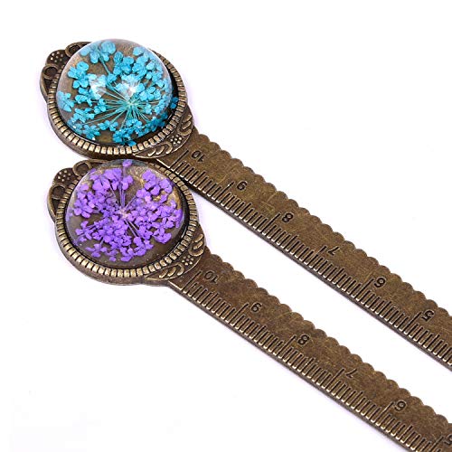 Wisdompro 2 Pcs Metal Bookmark Ruler with Dried Flower - Blue & Purple - color: Blue & Purple