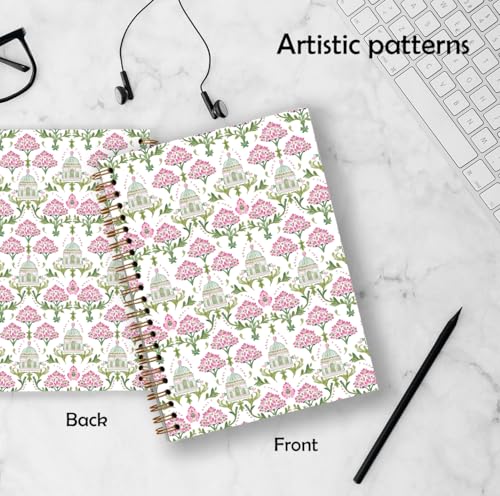 Indian Block Print Inspired Pink Floral Spiral Notebook 5.5x8.3, Retro Spring Flower Journal for Women, Green and Pink Flower Grandmillennial Hardcover Notebook Journal - color: Color_3