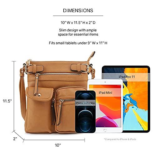 SG SUGU Katie Lightweight Medium Crossbody Bag Shoulder Bag with Multi Pocket for Women - color: Cognac
