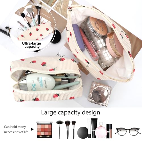 EIMMBD Makeup Bag 3 Pieces Large Capacity Cosmetic Bags Travel Toiletry Bag Organizer Cute Makeup Bag Storage for Women(Beige Strawberry) - color: Beige Strawberry