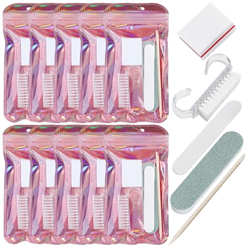 SUTOKAKA 10 Sets Disposable Manicure Prep Kit for Travel Home, Portable Basics 5 in 1 Nail Salon Pedicure Kit, Professional Nail Tools Supplies, Nail File, Mini Buffer, Wood Stick & Handle Grip Brush - size: 10 MIX3