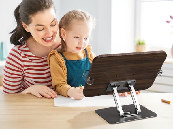 Book Stands for Reading,Adjustable Book Holder with 360° Rotating Metal Base,Foldable Cookbook Stand, Reading Hands Free with ABS Expandable Page Clips for Recipe,Textbook,Laptop - color: Gunmetal