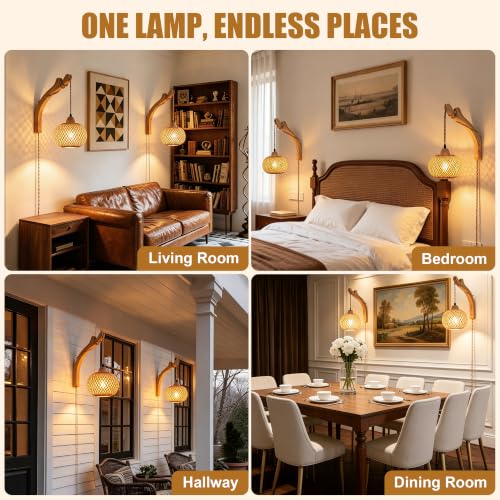 Frideko Bamboo Lantern Plug in Wall Sconces Wicker Wall Lamp with Plug in Cord Hand Woven Rattan Wall Light Farmhouse Rustic Wall Sconces Boho Sconces Wall Lighting for Living Room Bedroom - color: Orange(1PC)