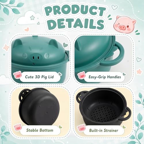 2 Sets 45oz Cute Pig Ramen Bowl Set Microwavable, Black, Dark Green - color: Black,Dark Green