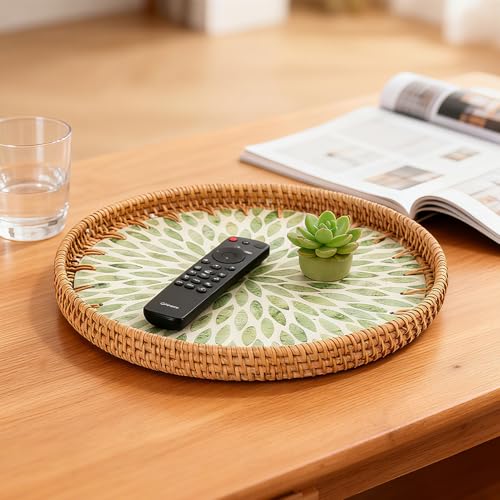 Round Rattan Tray with Mother of Pearl Inlay, Boho Style Decor Tray is Suitable for Bread Fruit Coffee, Also Functions as Kitchen Dining Table Home Decor Trays (Green)