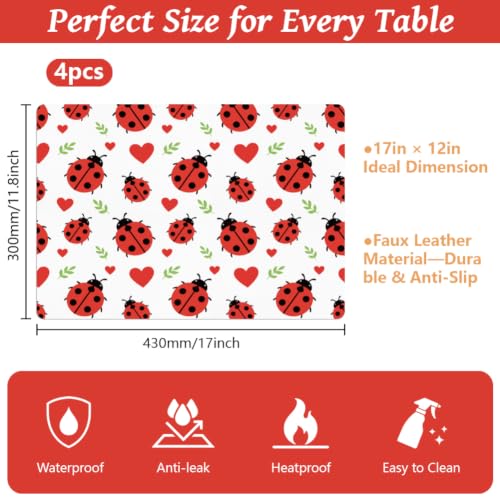 Peacoblue Placemats Set of 4,Faux Leather Ladybug on Leaves Design - style: Ladybug on Leaves