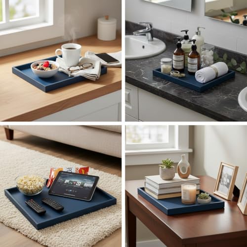 30 * 16 Inch Rectangular Ottoman Tray | Textured PU Leather, Waterproof & Heat-Resistant Storage for Coffee/Dining Tables, Sofa, Bed, Entertainment & Party (Navy Blue, 30 * 16in) - color: Navy Blue, size: 30" x 16" x 1.1"