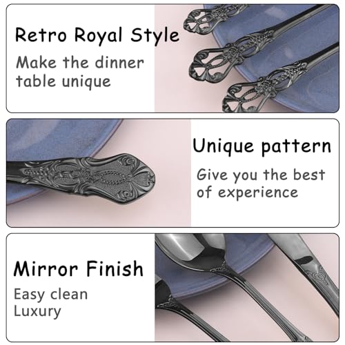 Retro Royal Black Silverware Set With Gift Box, 20-Pieces Cutlery Set Utensils Stainless Steel Flatware For 4 MIKIWAY Kitchen Tableware Set For Gifts Festive, Dishwasher Safe, Mirror Polishing - color: A-Mirror Black (Gift Box)