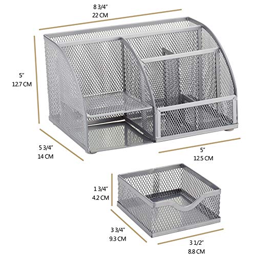 Annova Mesh Desk Organizer Office with 7 Compartments + Drawer/Desk Tidy Candy/Pen Holder/Multifunctional Organizer (Silver) - color: Silver