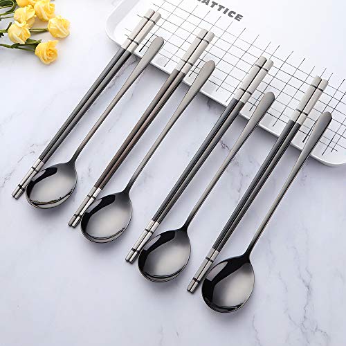 Buyer Star 4 Set Black Square Chopsticks and Spoons Set Metal Stainless Steel Spoons Chopsticks Set - color: black-square chopstick and spoon