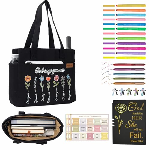 25 PCS Bible Study Supplies Kit, Large Capacity Canvas Tote Bag for Women Organizer, Bible Highlighters and Quick Dry Pens No Bleed Through, Notebook Bible Tabs Cross Bookmark Journaling Accessories - color: Black