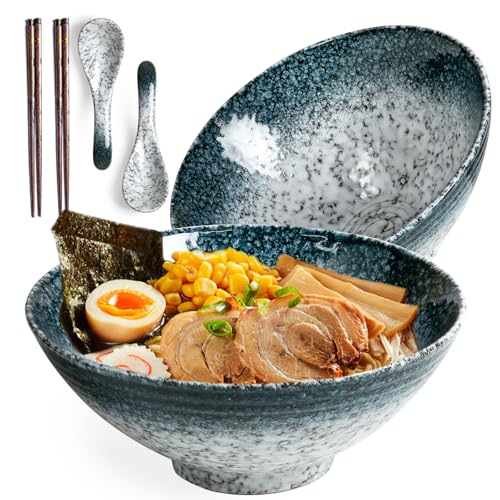 40 oz Ceramic Ramen Bowl Set of 2, Ramen Noodle Bowl with Spoons and Chopsticks 8 Inch Japanese Retro Style Large Soup, Pho, Udon Bowls, Microwave & Dishwasher Safe, Stone - color: Stone