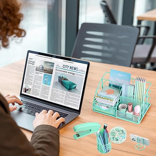 KAAKOW Green Desk Organizers and Accessories Office Supplies Set Stapler, Pen Holder, Phone Holder, Scissors, Pen, Ruler, 30 Paper Clips, 22 Binder Clip, 20 Tacks and 1000pcs Staples - color: Green