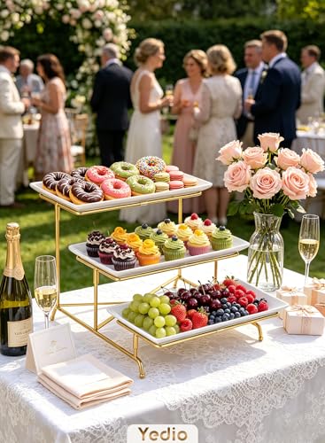 3 Tier Serving Tray Set Porcelain Tiered Serving Platters, Collapsible Sturdier Stand with Stable Cross Bars, 12 Inch Three Layer Serving for Party Entertaining Food Display Fruit Dessert - color: Gold, size: 12 Inch