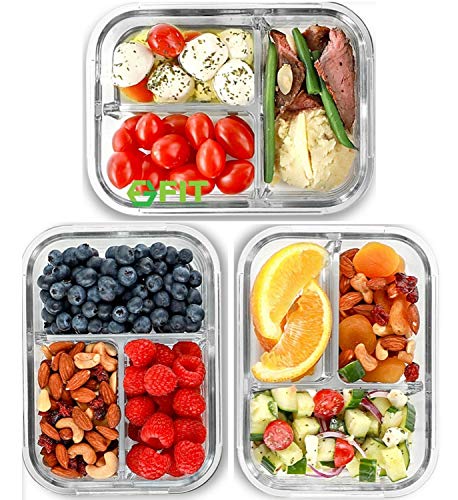Glass Meal Prep Containers 3 Compartment, 3 Pack 32 oz Leakproof Lids Blue - color: Blue (3 compartment - 3 Pack, 32 oz)