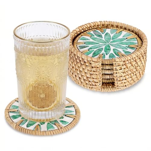 Boho Coastal Coasters Set of 6, Handmade Coasters with Holder, Green Leaf - style: Green Leaf