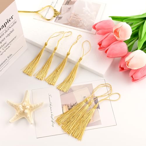 NACHLYNN 120 Pcs Bookmark Tassels Bulk 13cm/5 Inch Light Gold Silky Handmade Soft Craft Mini Tassels for Jewelry Keychain Making with Loops for Dress Decoration DIY Craft Accessory - color: Light Gold