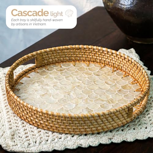 JUNGLE CULTURE Round Rattan Tray Mother of Pearl Inlay • Cascade Light 12” - color: Cascade Light, size: 11.8"