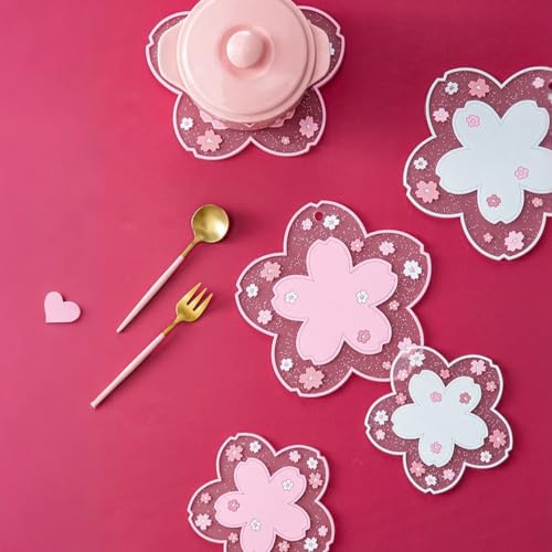 Kawaii Pot Holders for Kitchen Essentials Decor Pink Cherry Blossom Decor - size: Trivets 2pcs