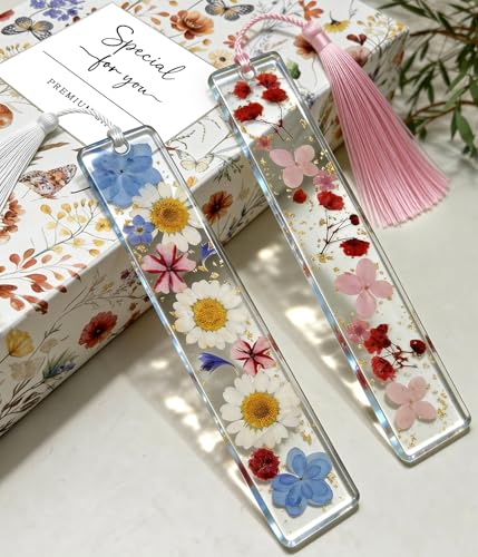 Buleens 2PCS Bookmarks for Women - Purple Book Marks for Readers Book Lovers, Personalized Handmade Dried Flower Resin Bookmark with Tassels, Pretty and Aesthetic - color: Pink White