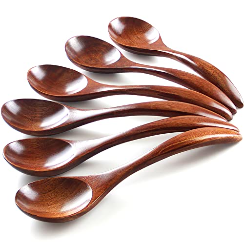 IQCWOOD 7" Korean Wooden Spoons for Eating, 6 Pcs Wooden Soup Spoons
