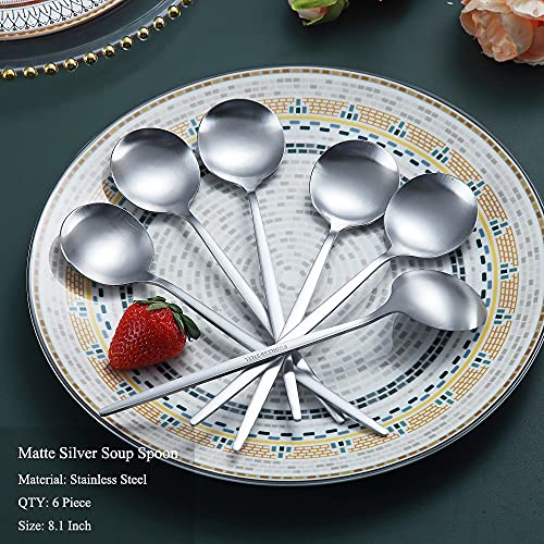 Matt Silver 6 Piece Stainless Steel Tablespoons, Soup & Dessert Spoons - 8.1 Inch, Dishwasher Safe - color: 1. Matte Silver