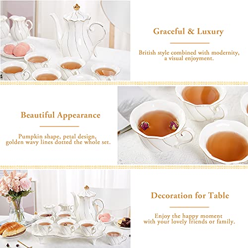 DUJUST 14 pcs Tea Set for 6 with Tea Tray & Spoons, Luxury British Style Coffee Cup Set with Golden Trim, Beautiful Porcelain Set for Living Room Decor, Tea Party Set, Gift Package - White - color: 14pcs tea set