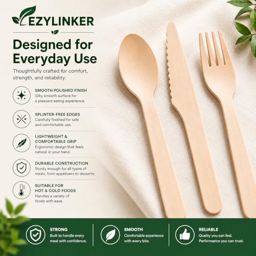 (150 Pcs) Special Edition Compostable Cutlery Set - Disposable Wooden Cutlery Set - Alternative to Plastic, Eco Friendly, Biodegradable, 50 Each Wooden Spoons, Knives, Forks Disposable Utensils Set - size: 150Pcs Cutlery