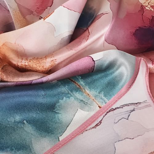 Women 100% Mulberry Silk Neck Scarf 21" Square Floral Neckerchief - color: Pink Floral