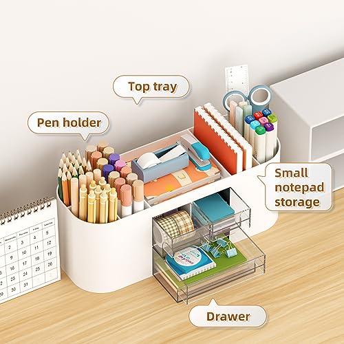 Marbrasse Desk Organizer Pen Holder for Desk with 3 Drawers, Multi-Functional Pencil Holder, Desk Organizers and Accessories with 7 Compartments for Home, School, Classroom(White) - color: White