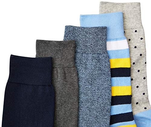Amazon Essentials Men's Patterned Cotton Dress Crew Socks, 5 Pairs - color: Blue/Yellow/Grey, size: 8-12