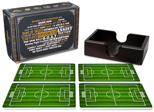 Soccer Field Ceramic Coasters with Holder. Absorbent Coaster for Drinks, Coaster Set, Table Coaster. Gift for Men, Football Decorations, Party Favors - color: Soccer