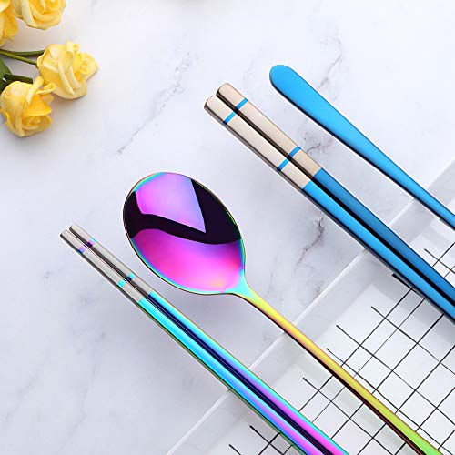 Buyer Star 4 color Square Chopsticks and Spoons Set Metal Stainless Steel Spoons Chopsticks Set - color: 4 color B-square chopstick and spoon