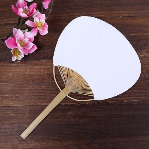 Kopida White Paddle Fan, Blank Pattern Summer Bamboo Hand Paper With Long Handle, Decorative Chinese for Home Desk Ornament