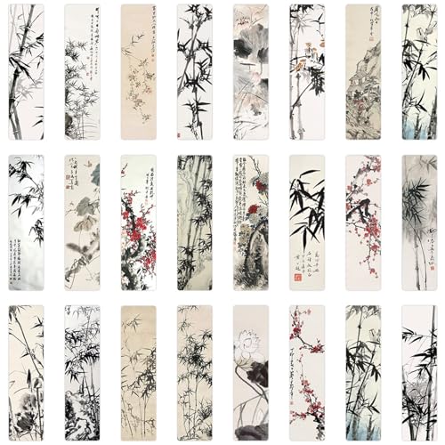 24PCS Unique Chinese Ink Painting Bookmarks, Traditional Oriental Art