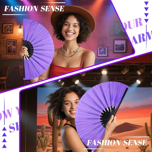 13 Inch Large Rave Fan & Clack Fan for Line Dancing - Folding Hand Fan with UV Glow for Boots on The Ground, Performance, Wedding, Party - Portable Handheld Fan for Women & Men - color: Purple*1