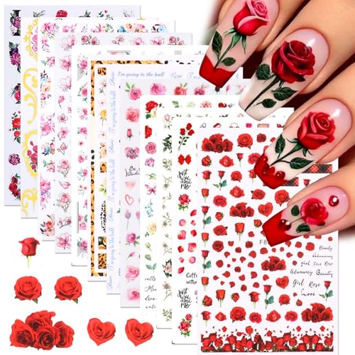Rose Flower Nail Stickers Decals 12 PCS Romantic Red Pink Rose Nail Art Stickers 3D Self-Adhesive Floral Blossom DIY Designs for Valentine's Day Manicure Decoration Nails Supplies Accessories - style: Rose Flower Style