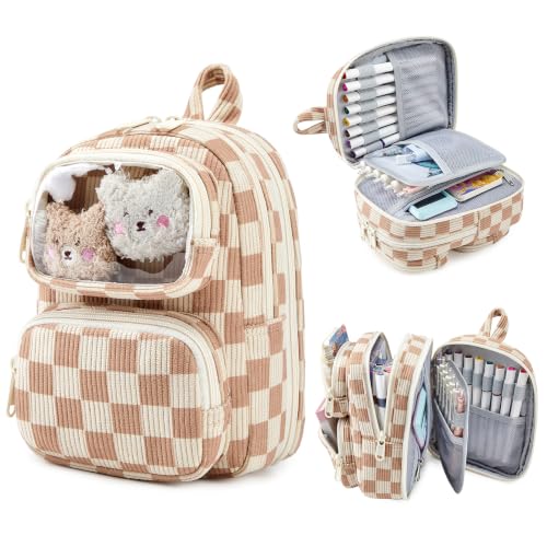 Cute Pencil Case, Soft Corduroy Pencil Pouch, Large Capacity Pencil Bag, Mini Backpack Aesthetic Pen Organizer for Stationery for Students Teen Girls Women, Khaki Checkered - color: Khaki Checkered