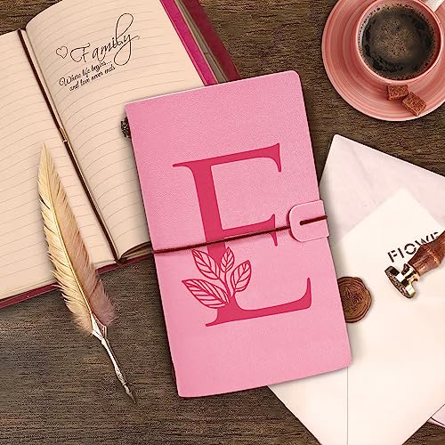 Personalized Journal Gift-Pink Initial Leather Journal+Heart Diamond Pen Set,Travel Notebook Diary Gifts,Refillable Notepads,Christmas,Birthday Gifts for Women Girls (7.9"x4.7") (E) - style: E